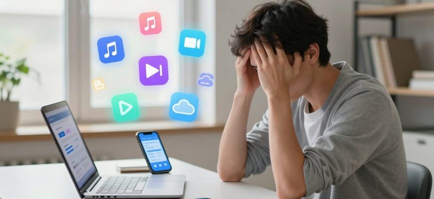 Person overwhelmed by subscription icons in home office