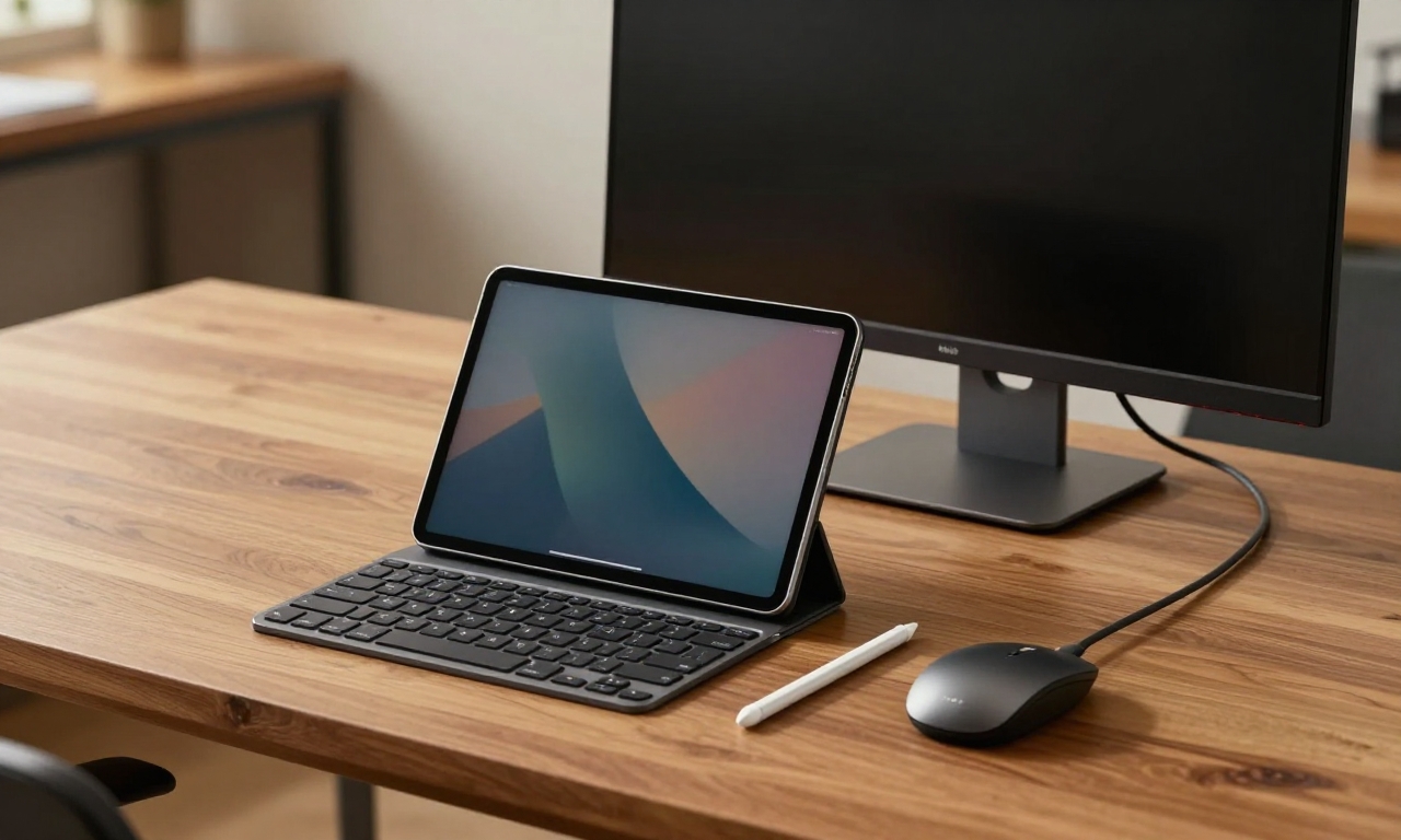 Tablet with keyboard, stylus, and external monitor setup