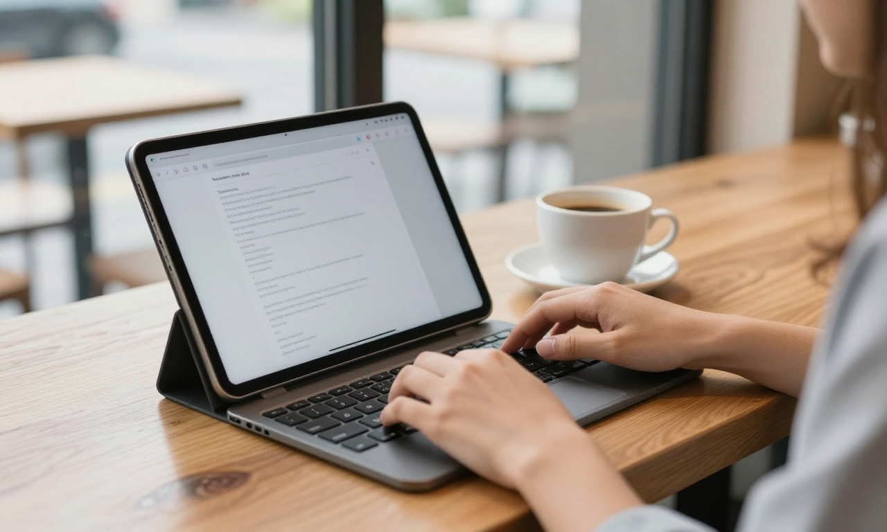 Journalist using tablet with keyboard in café