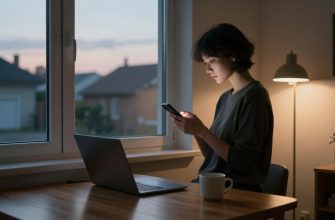 Person contemplating smartphone in home office