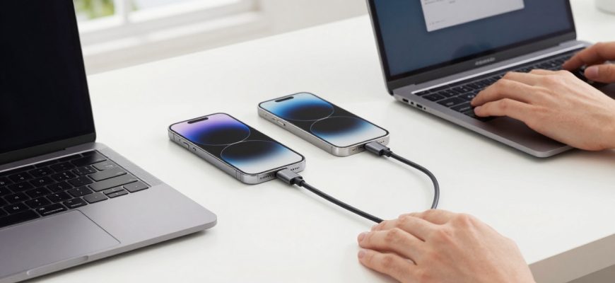 USB-C cable connecting laptop, phone, and tablet on a desk