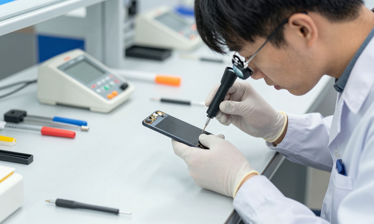 Technician inspecting refurbished smartphone