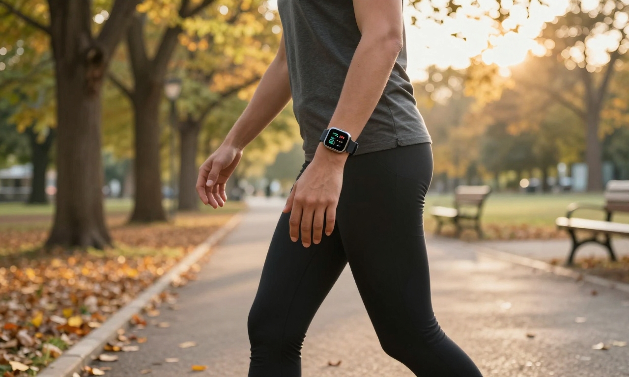 Person using smartwatch for activity tracking in park