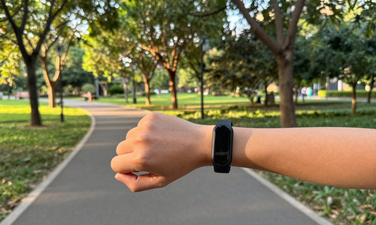 Person wearing fitness tracker while walking in park