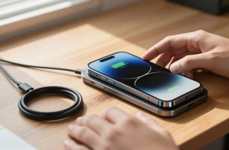 Smartphone charging wirelessly on pad with cable nearby