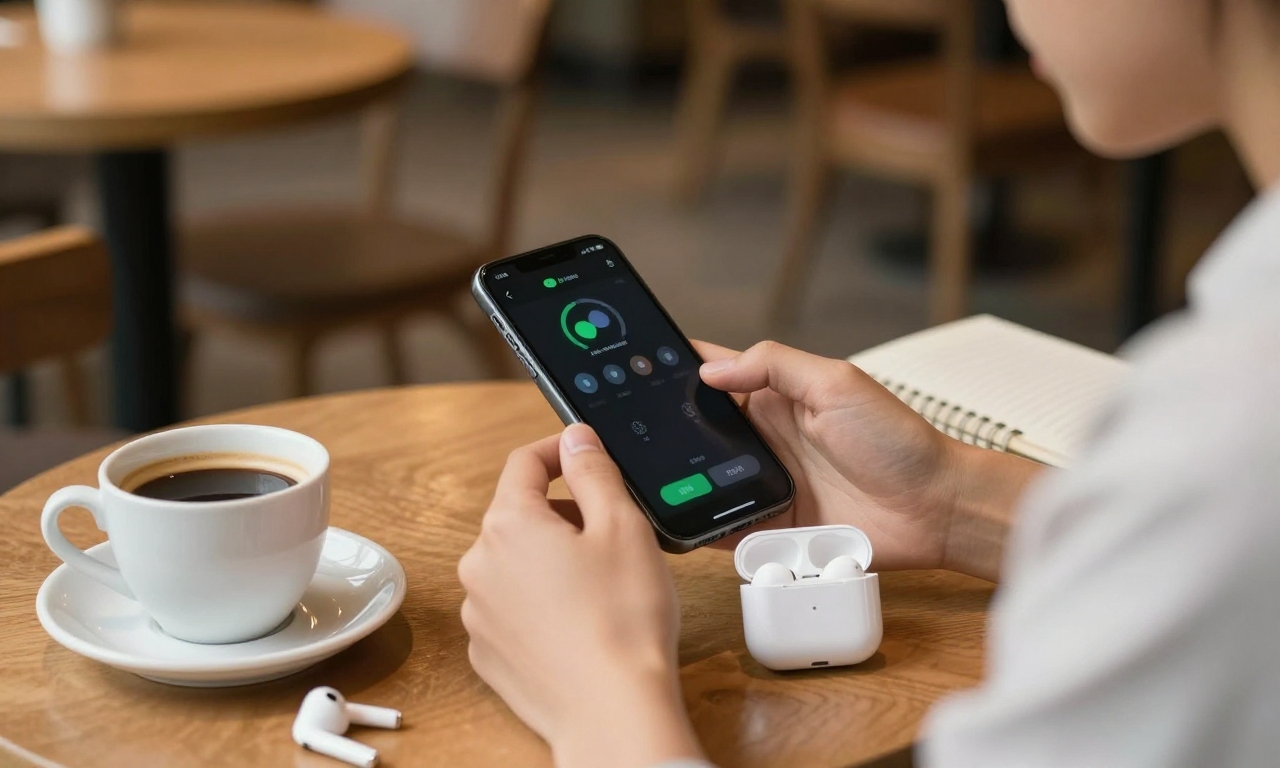 Person checking earbuds battery life in cafe