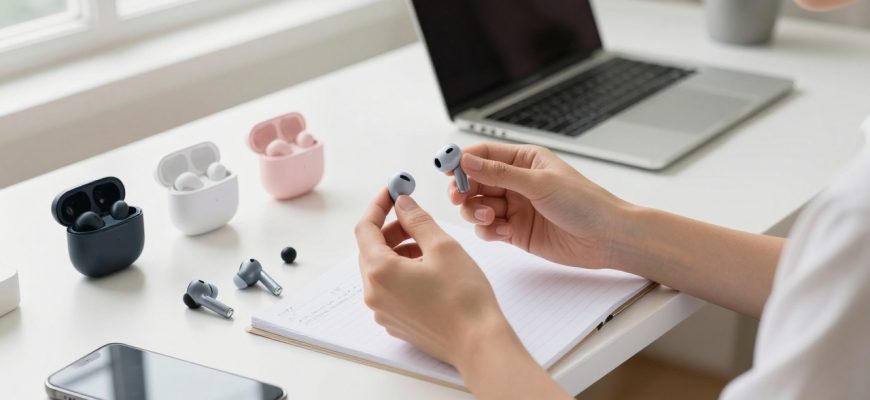 Person comparing wireless earbuds on desk