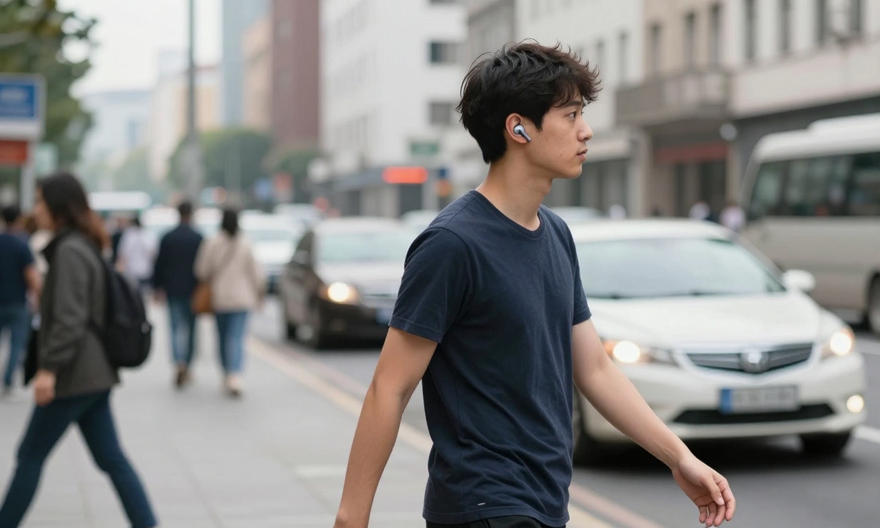 Person using noise-cancelling earbuds in city