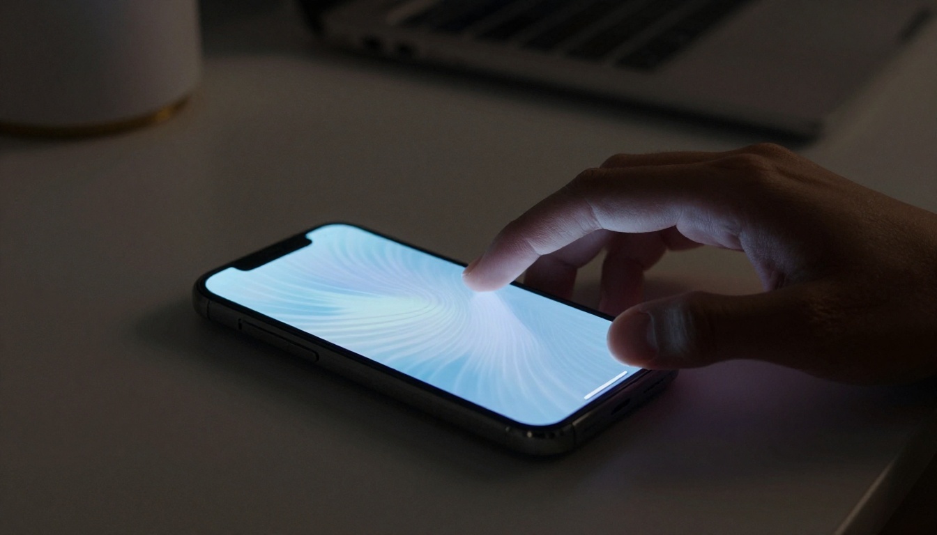 Smartphone glowing at night with hand reaching toward it