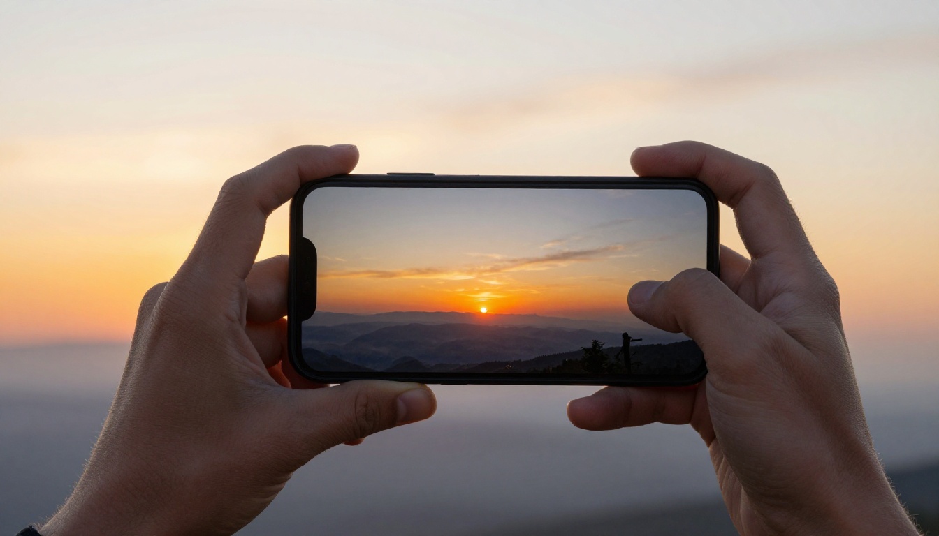 Person using phone camera AI at sunset