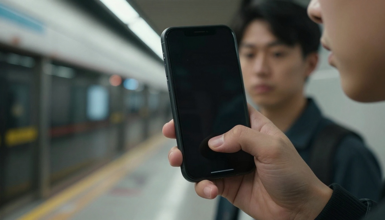 Alert person holding phone tightly on subway platform