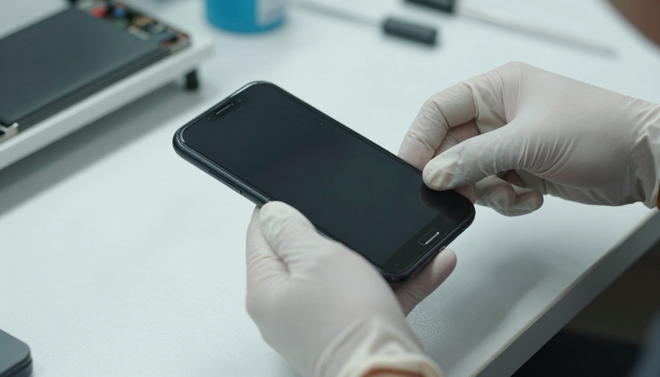 Technician replacing swollen smartphone battery