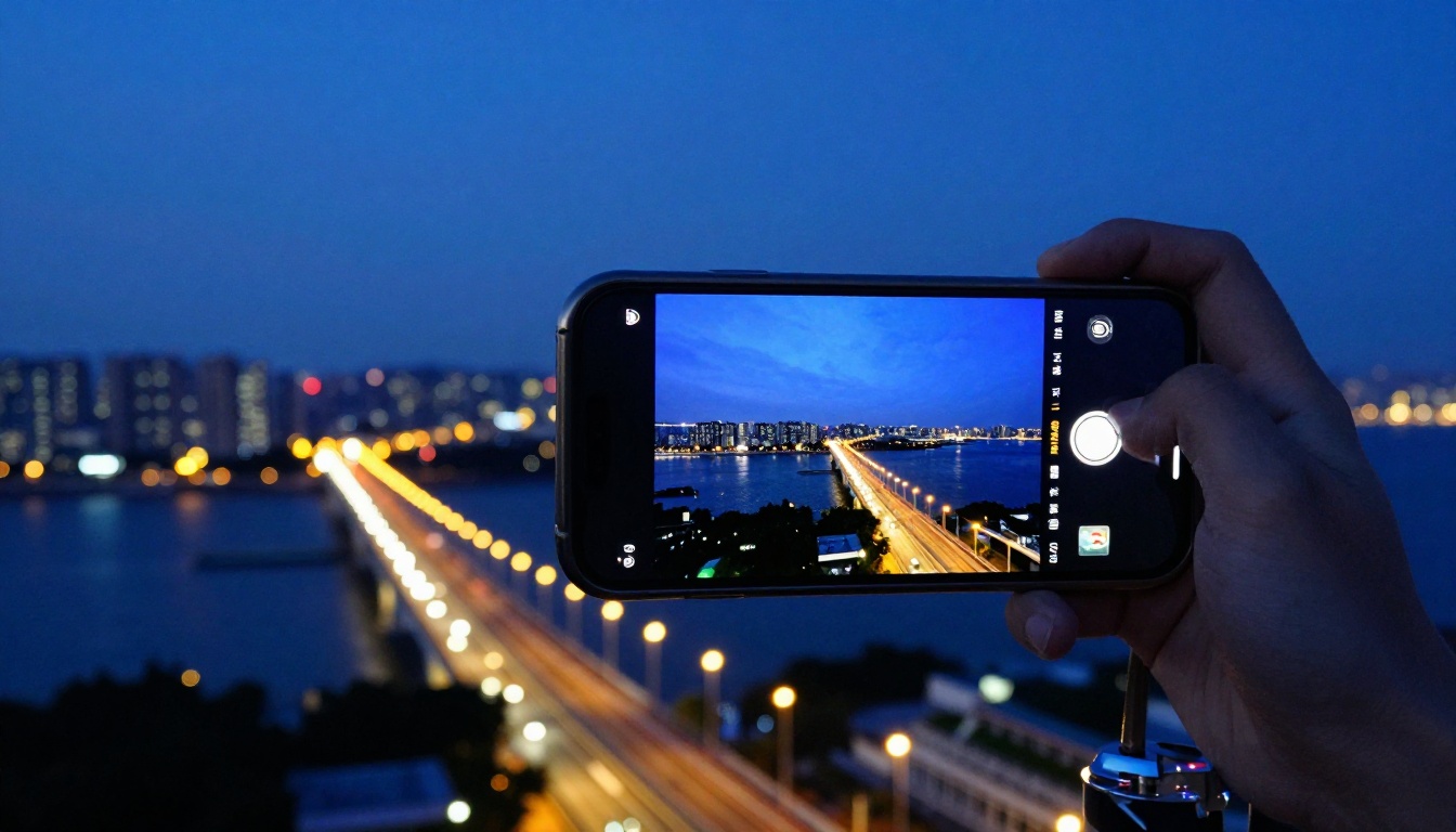 Smartphone capturing cityscape at blue hour
