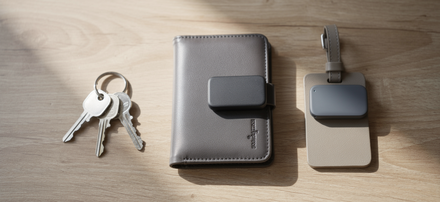 Bluetooth trackers attached to everyday items on a table