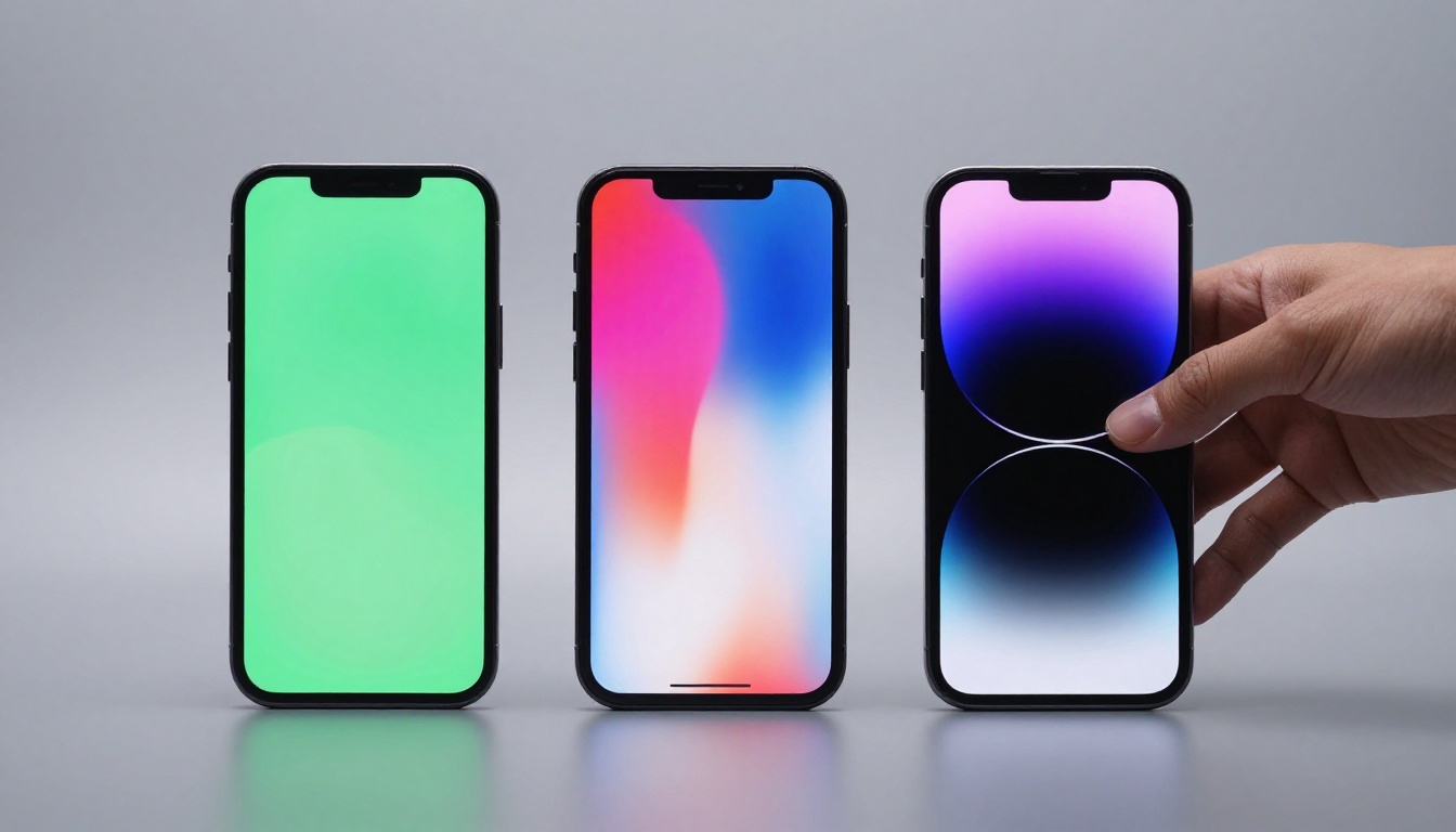 Hand choosing between three smartphones on a reflective surface