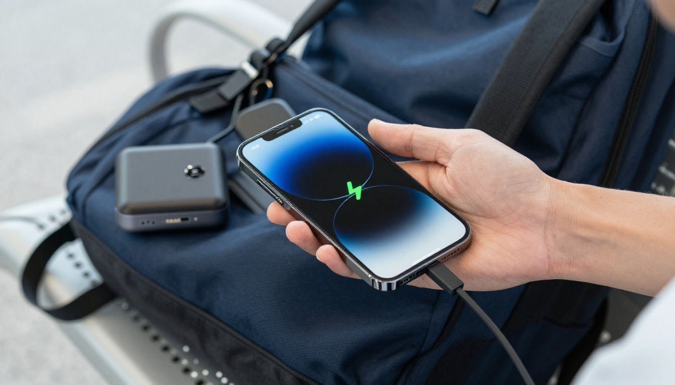 Hand holding a power bank and phone at an airport