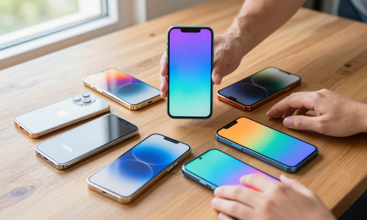 Colorful midrange smartphones on a wooden desk