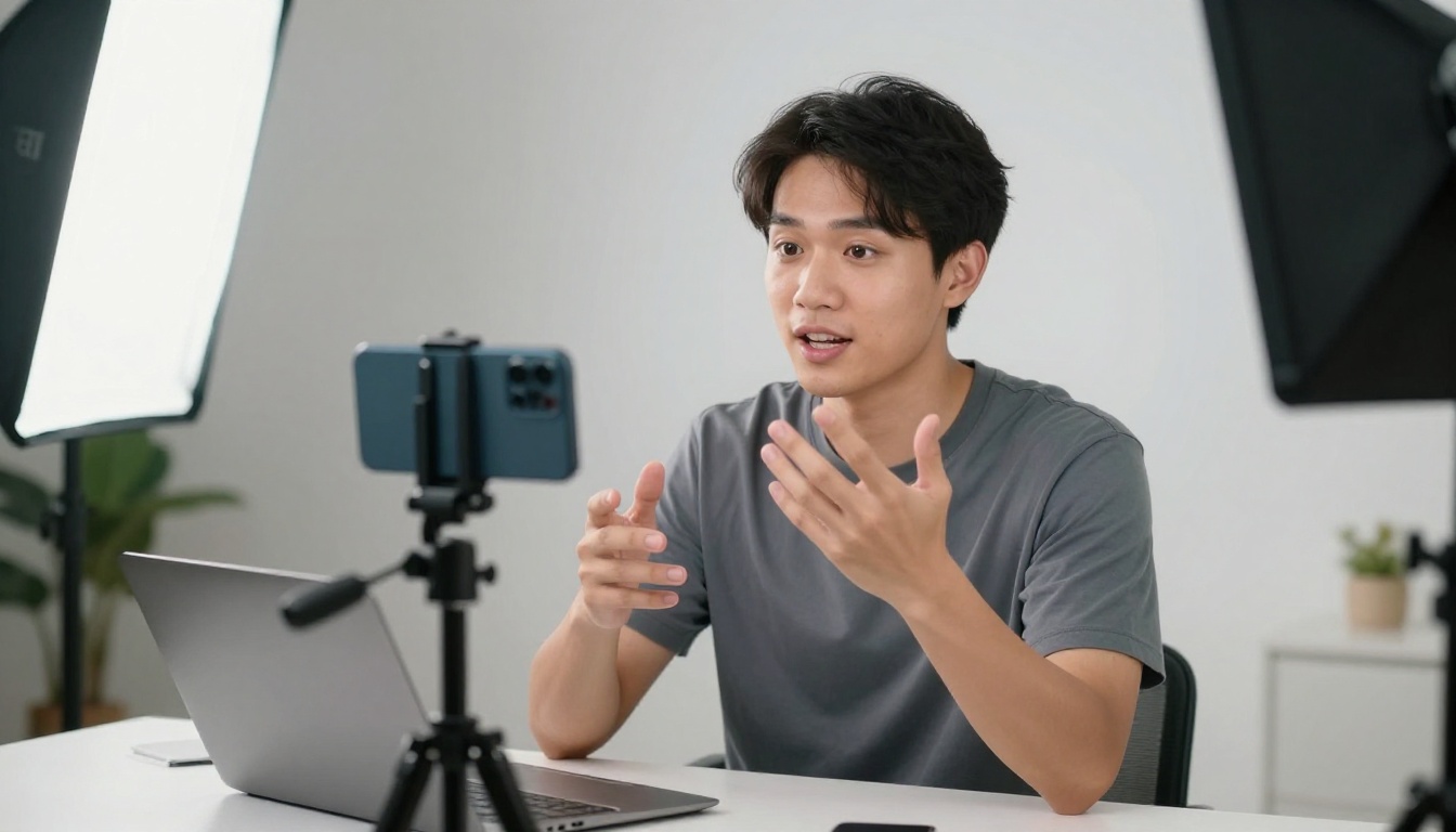 Content creator filming vlog with smartphone