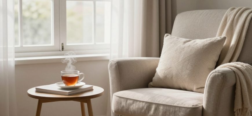 Cozy reading nook with armchair and tea