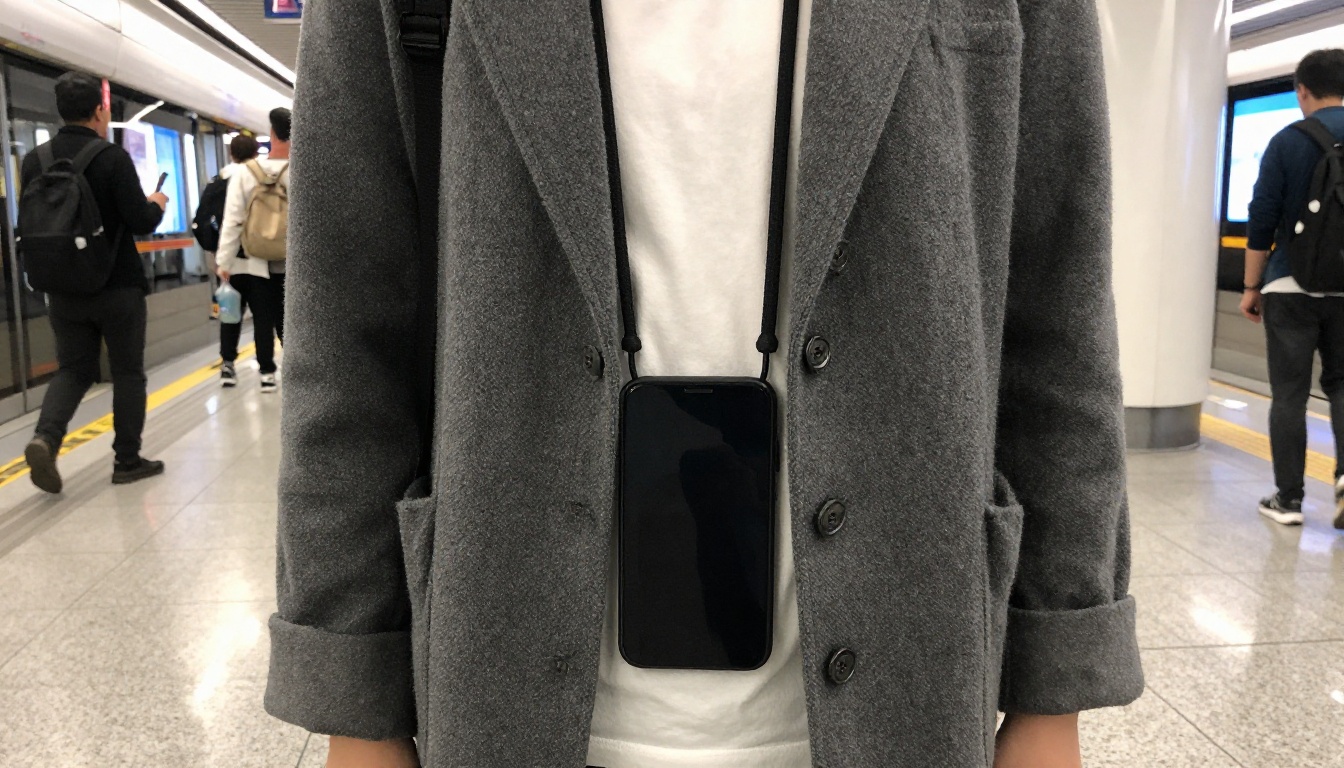 Person with crossbody phone lanyard in transit station