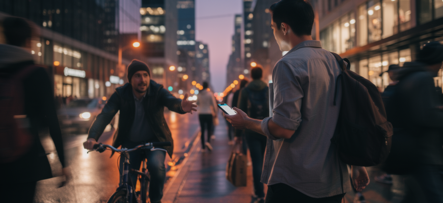 Busy city street with phone snatching scene