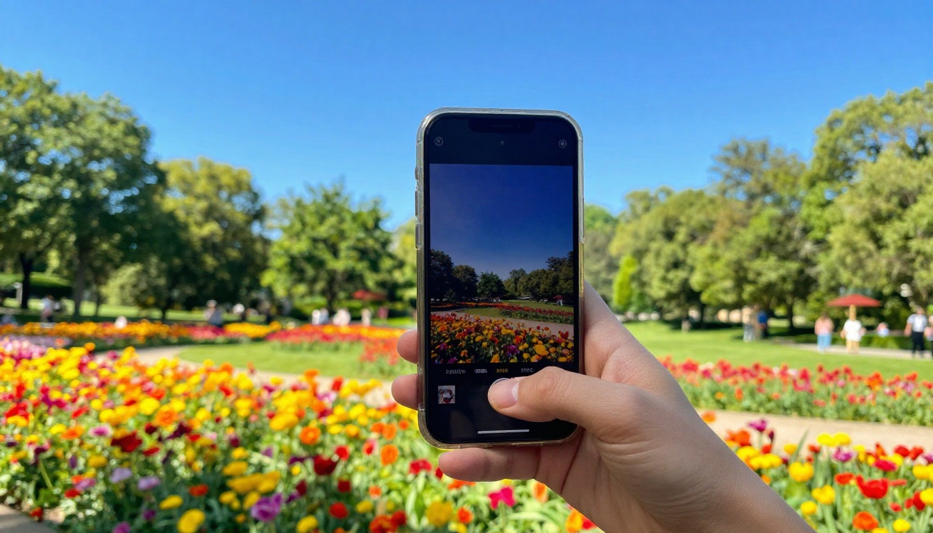 Smartphone capturing a vibrant outdoor scene in daylight
