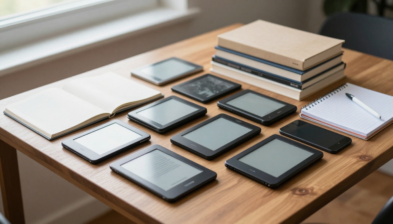 Different e-readers on table with books and stylus