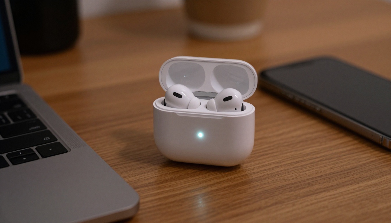 Earbud case charging on a desk
