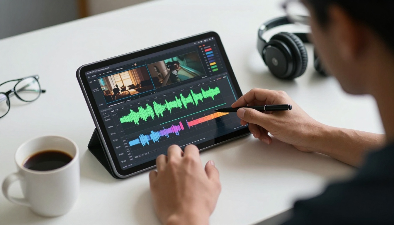 Video editing on tablet with timeline and headphones