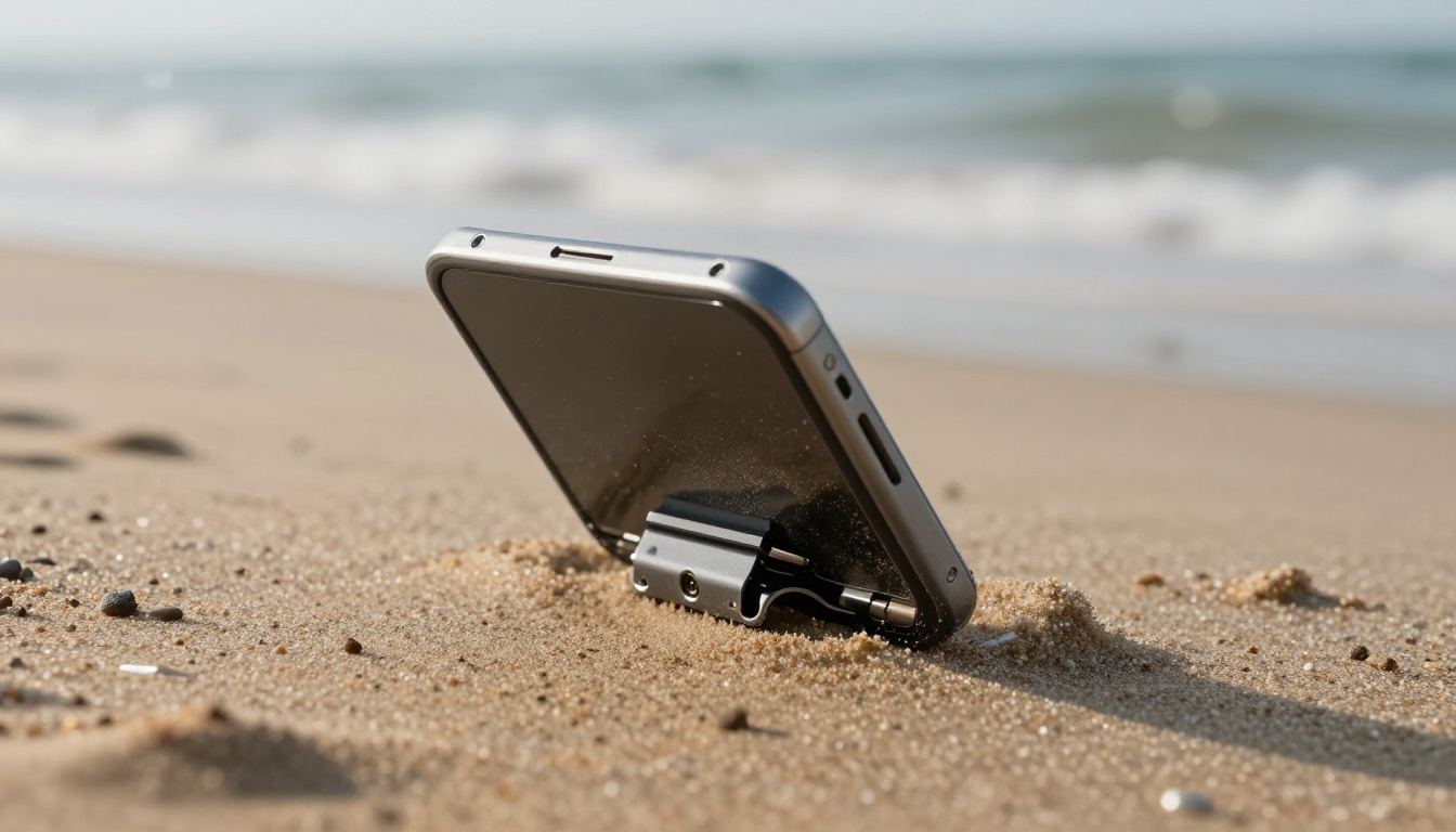 Close-up of foldable phone hinge at the beach