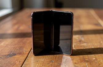 Foldable phone partially open on a table