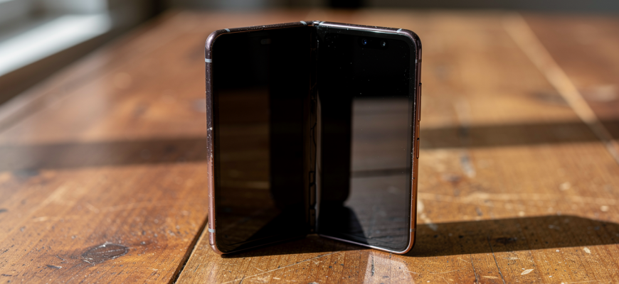 Foldable phone partially open on a table