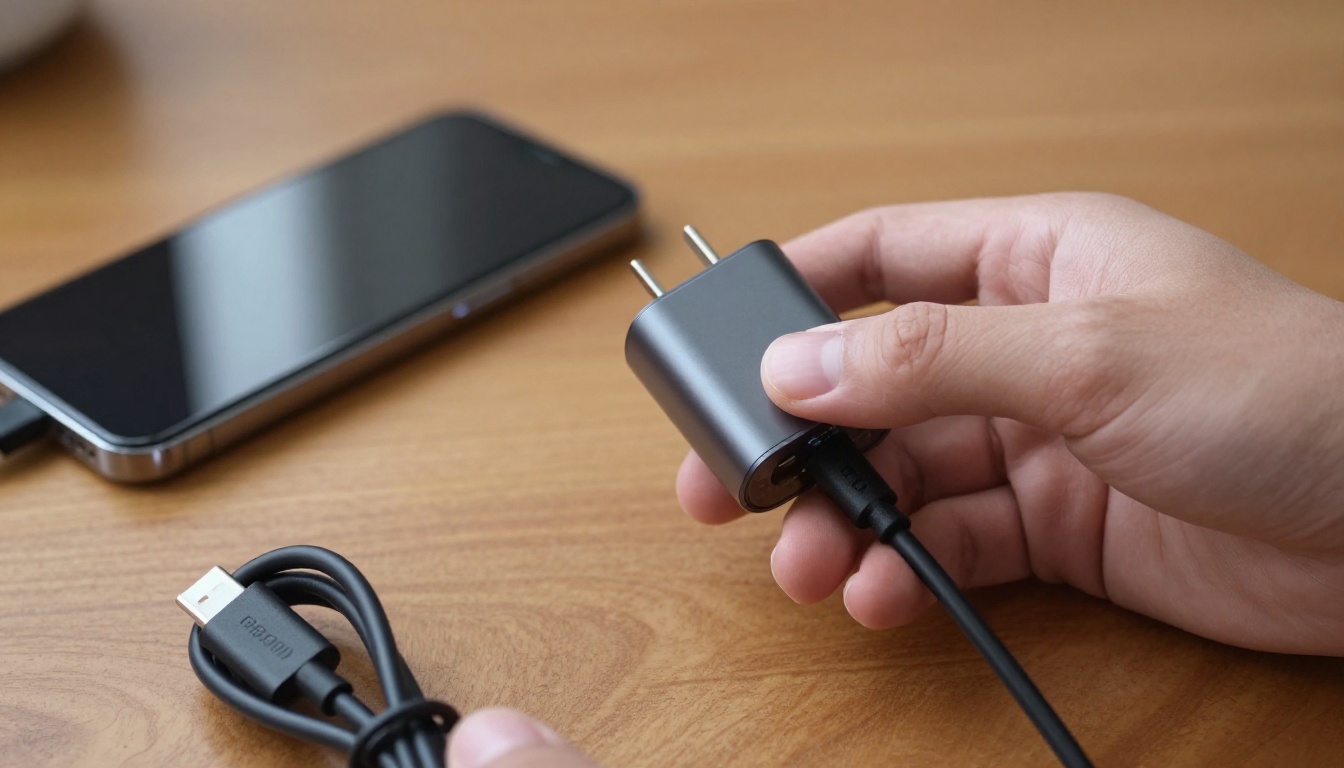 Hand holding GaN charger and cable