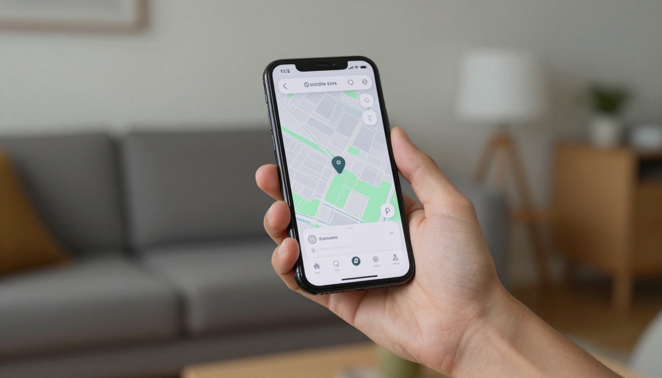 Hand holding a tracker near a phone with location app