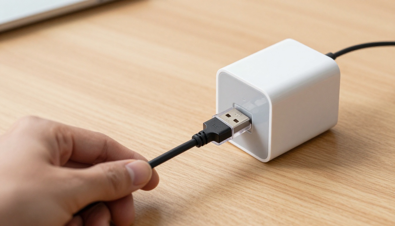 Hand holding USB cable near wall charger