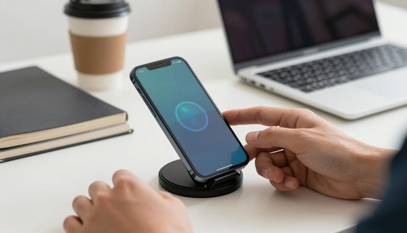 Hand placing phone on wireless charging stand