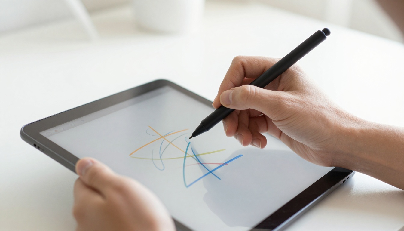 Hand using a stylus on a tablet