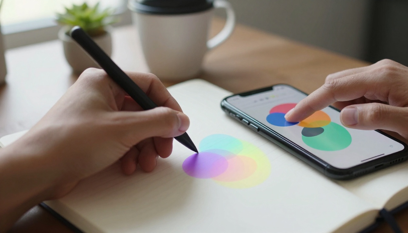 Hand writing in notebook beside smartphone with abstract display