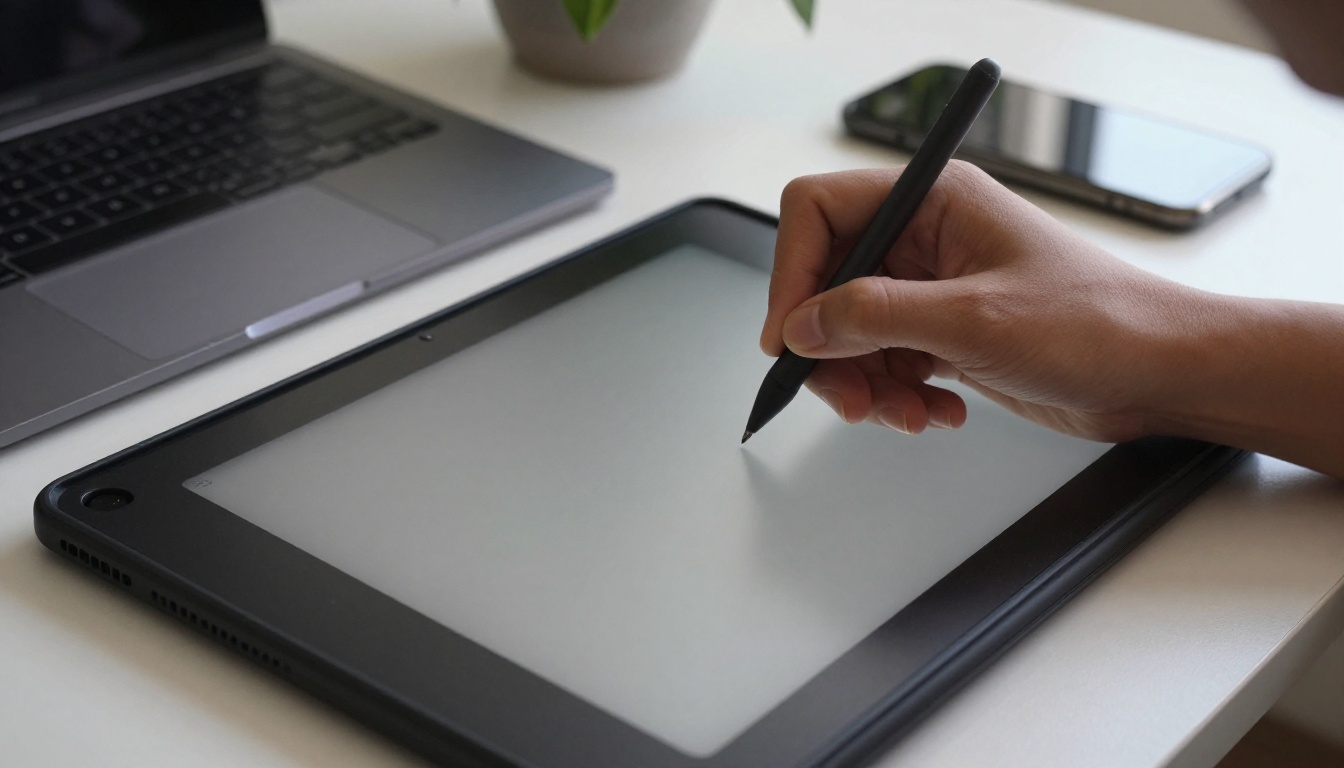 Hand writing on tablet with matte screen protector