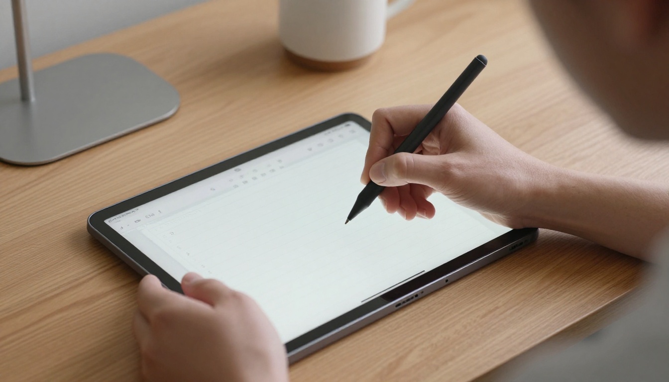 Hand writing with a stylus on a tablet