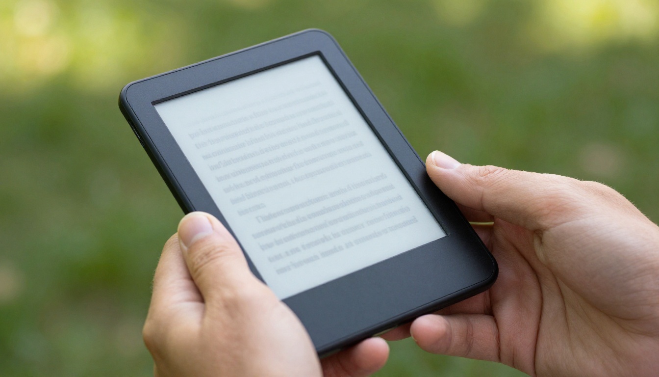 Hands holding e-reader outdoors in sunlight