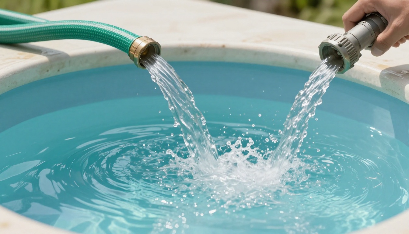 Garden hose and fire hose filling a pool