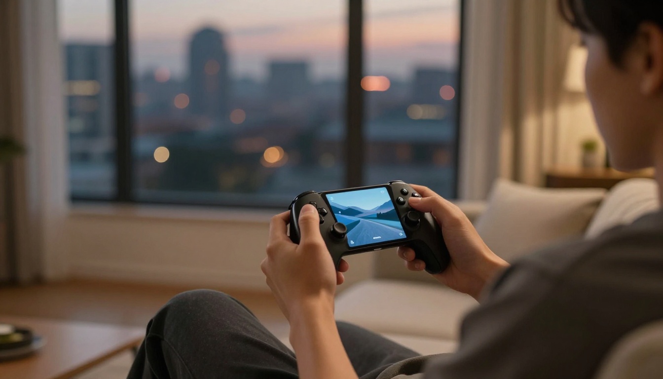 Person gaming on phone with controller on couch