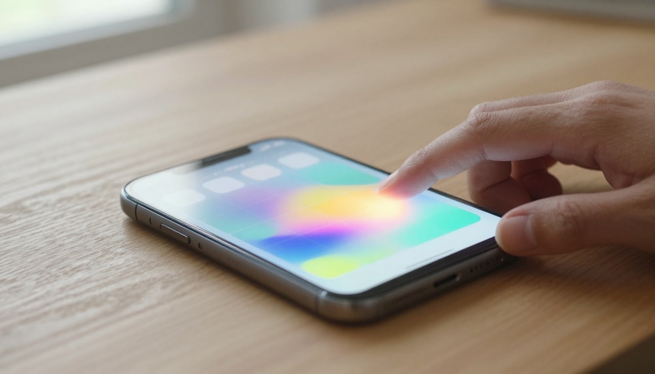 Hand touching smartphone screen with colorful abstract widgets