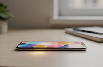 Smartphone with colorful abstract home screen on a desk