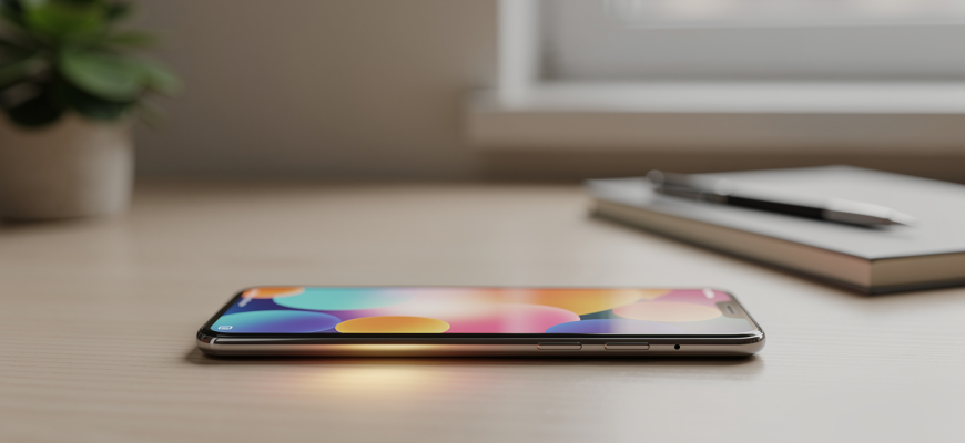 Smartphone with colorful abstract home screen on a desk