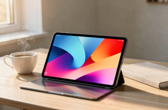 iPad on a desk with notebook and coffee