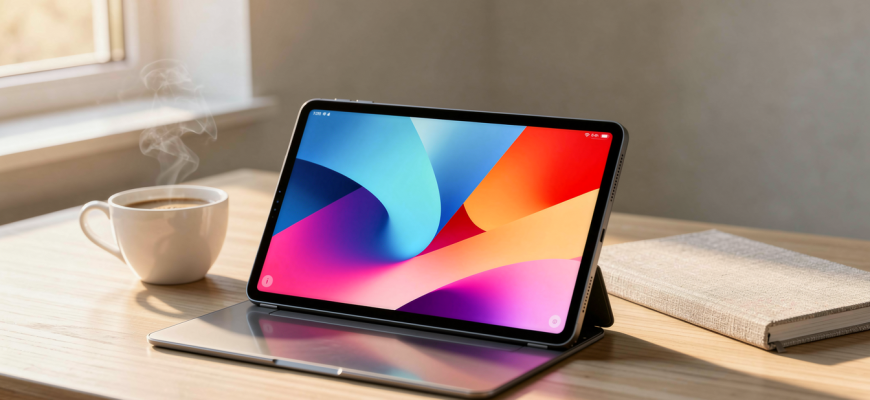 iPad on a desk with notebook and coffee