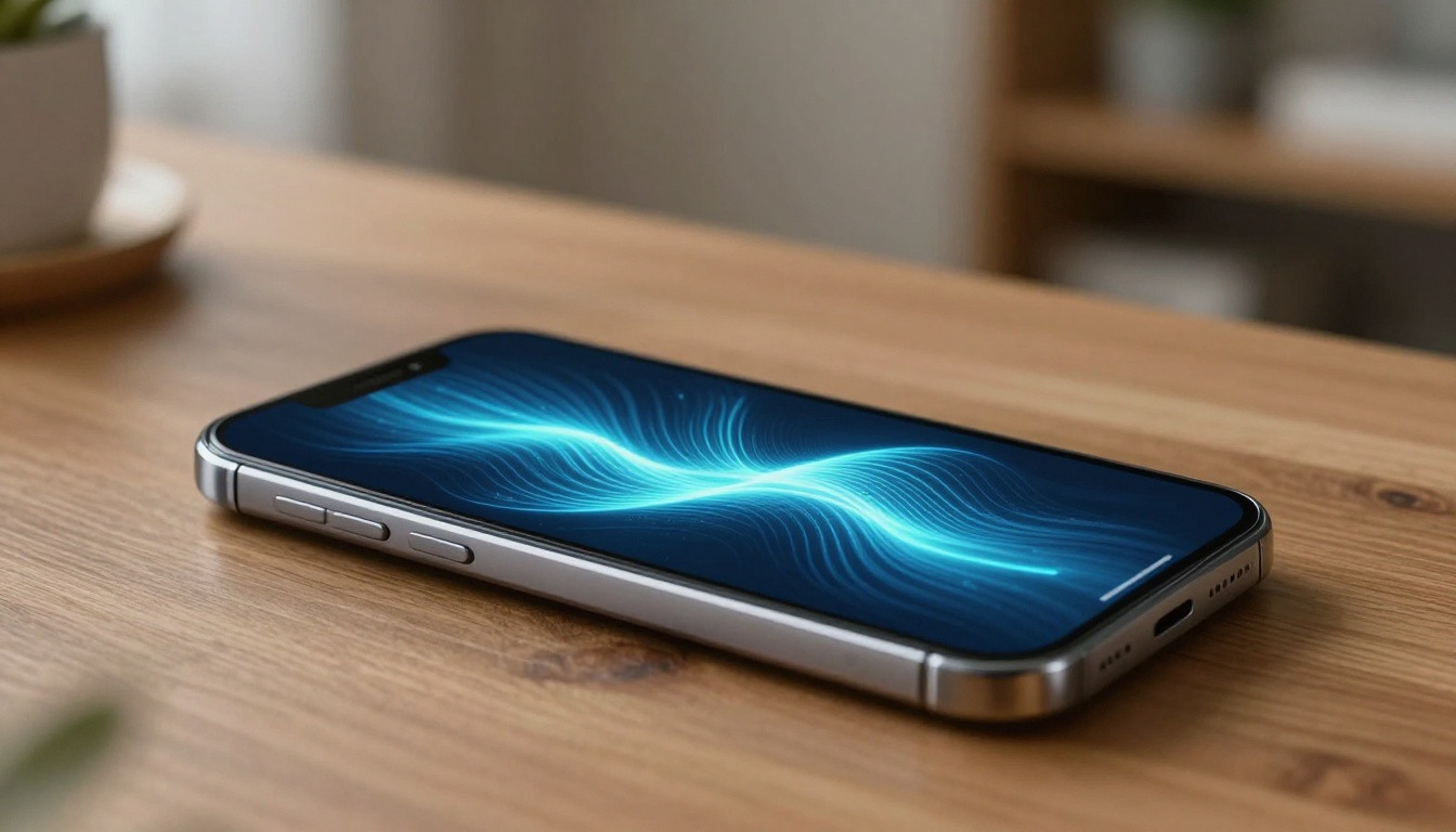 Smartphone with abstract AI visualization on screen