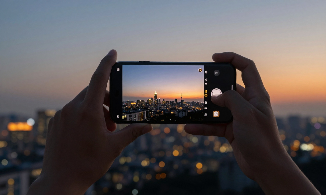 Person using smartphone camera at dusk